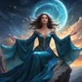 An ethereal female witch, dressed in a gown made of shimmering starlight, sits atop a craggy mountain peak under a canopy of swirling galaxies, her hands outstretched as if channeling the cosmic energies.