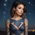 A mesmerizing tattooed woman with a geometric pattern of stars and constellations across her chest and shoulders, gazing at the night sky, the stars in her tattoos seemingly twinkling in sync with the real sky.