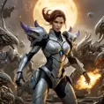 Sarah Kerrigan, the ruler of the Swarm, portrayed in a dynamic action shot, her body contorted in a battle stance, surrounded by a swarm of Zerglings, her armor detailed with the textures of chitinous plates and glowing veins, against a backdrop of a burning Terran colony.