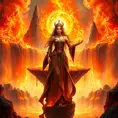 A captivating female fire sorceress, standing at the center of a mystical, floating island of fire, surrounded by cascading waterfalls of lava, her attire a masterpiece of fiery design, her stance regal, embodying the essence of fire magic.