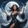 A captivating female witch, with hair as dark as midnight and skin as pale as moonlight, floats above a sea of clouds, her hands weaving patterns in the air as she casts a spell, the sky above her filled with streaks of iridescent light.