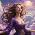 A captivating female sorceress floating above a sea of clouds, her hair flowing like a river of gold, her eyes closed in deep meditation, the sky painted with hues of purple and pink at her command.