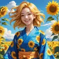 A cheerful anime character with bright golden hair, dressed in a vibrant yukata, surrounded by a field of sunflowers under a clear blue sky, her laughter echoing through the fields.