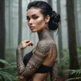 A striking tattooed woman with a tribal design that flows from her hands to her shoulders, standing in a misty forest, the patterns on her skin blending seamlessly with the natural surroundings.