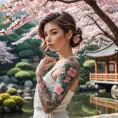 A beautiful tattooed woman with a full sleeve of vibrant cherry blossoms winding up her arm, standing against a backdrop of a serene Japanese garden, the petals gently falling around her.