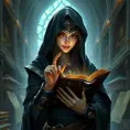 A mesmerizing female rogue from StarCraft, cloaked in shadows within a grand, ancient library filled with holographic scrolls and digital artifacts, her hands gently touching a glowing ancient tome, her face partially hidden, revealing a mysterious smile.