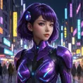 A mysterious anime character with deep purple hair, wearing a futuristic cybernetic suit, standing in a neon-lit cityscape at night, the glow reflecting off her eyes which seem to hold the secrets of the universe.