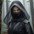 A captivating female ninja concealed within a mist-laden forest, her features partially obscured by a veil of fog, her attire a mix of stealthy dark fabrics and intricate silver detailing, the environment around her both haunting and enchanting