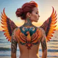 A captivating tattooed woman with a phoenix rising from her back, its wings spread wide, standing at sunrise, the colors of her tattoo mirroring the fiery hues of the dawn.