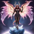 Sarah Kerrigan in a serene, almost angelic pose, her traditional Zerg features softened by a gentle, luminescent aura, standing atop a crystalline platform floating above a sea of stars, her wings spread wide, each feather detailed with the intricate patterns of Zerg symbology.