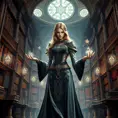 A powerful female sorceress standing before a grand, ancient library, her eyes scanning the endless rows of books, her hands glowing with arcane knowledge, the walls adorned with intricate runes and symbols.