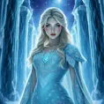 An ethereal portrait of a beautiful female ice sorceress, her eyes shimmering with a cold, blue light, wearing a gown made of frost and snowflakes, standing in a grand hall of ice pillars that reach towards a starry night sky.