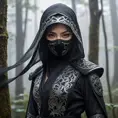 A captivating female ninja concealed within a mist-laden forest, her features partially obscured by a veil of fog, her attire a mix of stealthy dark fabrics and intricate silver detailing, the environment around her both haunting and enchanting