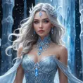 An ethereal portrait of a beautiful female ice sorceress, her eyes shimmering with a cold, blue light, wearing a gown made of frost and snowflakes, standing in a grand hall of ice pillars that reach towards a starry night sky.