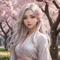 A serene anime character with long silver hair, standing amidst a cherry blossom forest, the petals swirling around her in a gentle breeze, her eyes reflecting the soft pink hues of the blossoms.