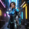 A stunning female rogue from StarCraft, standing amidst a dimly lit, futuristic alleyway, her silhouette sharply defined by neon lights, her eyes gleaming with a mischievous glint, detailed armor reflecting the city's glow, dynamic pose suggesting agility and stealth.