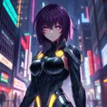 A mysterious anime character with deep purple hair, wearing a futuristic cybernetic suit, standing in a neon-lit cityscape at night, the glow reflecting off her eyes which seem to hold the secrets of the universe.