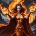 A radiant female fire sorceress, her form engulfed in a swirling cloak of flames, standing before a volcanic backdrop, her eyes glowing with an intense, fiery passion, her hands outstretched, manipulating a sphere of molten fire.