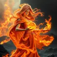 A radiant female fire sorceress, her form engulfed in a swirling cloak of flames, standing before a volcanic backdrop, her eyes glowing with an intense, fiery passion, her hands outstretched, manipulating a sphere of molten fire.