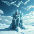 A majestic view of a female ice sorceress seated on a throne made of ice, her presence commanding and regal, with ice dragons circling above her in a frozen sky, the landscape below a vast, icy tundra.