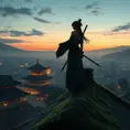 A stunning female ninja perched atop a moss-covered roof of a traditional Japanese temple, the cityscape below her sprawling and illuminated by the soft glow of lanterns, her silhouette sharply defined against the twilight sky