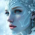 A close-up of a beautiful female ice sorceress, her skin pale as snow, adorned with intricate ice patterns that seem to move and breathe, her expression serene yet powerful, surrounded by a halo of floating ice crystals.