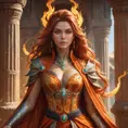 A stunning female fire sorceress, depicted in a grand, ancient temple, surrounded by pillars carved with fiery symbols, her attire a blend of flowing robes and fiery armor, her hair ablaze with ethereal fire, her expression serene yet powerful.