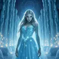 An ethereal portrait of a beautiful female ice sorceress, her eyes shimmering with a cold, blue light, wearing a gown made of frost and snowflakes, standing in a grand hall of ice pillars that reach towards a starry night sky.