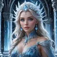 An ethereal portrait of a beautiful female ice sorceress, her eyes shimmering with a cold, blue light, wearing a gown made of frost and snowflakes, standing in a grand hall of ice pillars that reach towards a starry night sky.