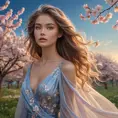 A stunning model with ethereal features, standing amidst a field of blooming cherry blossoms under a twilight sky, her hair flowing like silk in the gentle breeze.