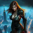 A breathtaking female rogue from StarCraft, perched atop a towering skyscraper overlooking a sprawling cybernetic cityscape, the wind tousling her hair, her gaze distant yet sharp, her body poised for action, the city lights twinkling below.