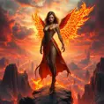 A breathtaking female fire sorceress, poised atop a cliff overlooking a fiery, post-apocalyptic cityscape, the sky ablaze with crimson and orange hues, her body language confident and commanding, her magic manifesting as fiery wings.