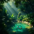 A lush, overgrown jungle clearing, where sunlight filters through dense foliage, illuminating a crystal-clear pool teeming with exotic wildlife.