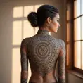 A stunning tattooed woman with intricate mandala patterns covering her arms, back, and neck, standing in a sunlit room with soft, warm lighting accentuating her detailed tattoos.