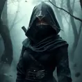 A captivating female ninja concealed within a mist-laden forest, her features partially obscured by a veil of fog, her attire a mix of stealthy dark fabrics and intricate silver detailing, the environment around her both haunting and enchanting