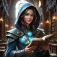 A mesmerizing female rogue from StarCraft, cloaked in shadows within a grand, ancient library filled with holographic scrolls and digital artifacts, her hands gently touching a glowing ancient tome, her face partially hidden, revealing a mysterious smile.