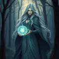 A stunning female witch, with long flowing silver hair and piercing emerald eyes, stands amidst a dense, enchanted forest at twilight, her cloak billowing around her as she holds a glowing crystal ball, the trees illuminated by a soft, mystical light.