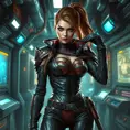 An exquisite female rogue from StarCraft, depicted in a high-tech, underground laboratory, surrounded by advanced machinery and flickering computer screens, her attire a blend of sleek leather and metallic accents, her expression both fierce and focused.