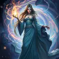 A stunning female sorceress standing amidst a swirling vortex of iridescent magic, her eyes glowing with ancient wisdom, wearing a flowing gown adorned with celestial symbols, the background a tapestry of stars and galaxies.