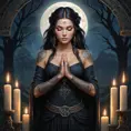 A beautiful female witch, with intricate tattoos of ancient runes covering her arms, stands in a moonlit clearing, surrounded by a circle of candles, her eyes closed in deep concentration, a large, ornate tome open before her.