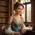 A breathtaking model with an enigmatic smile, seated in a vintage library, surrounded by ancient tomes and soft, warm light filtering through ornate windows.