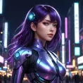 A mysterious anime character with deep purple hair, wearing a futuristic cybernetic suit, standing in a neon-lit cityscape at night, the glow reflecting off her eyes which seem to hold the secrets of the universe.