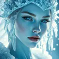 A close-up of a beautiful female ice sorceress, her skin pale as snow, adorned with intricate ice patterns that seem to move and breathe, her expression serene yet powerful, surrounded by a halo of floating ice crystals.