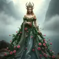 A majestic elf queen, adorned in a gown of woven ivy and blooming roses, standing at the edge of a misty lake, her presence commanding yet serene.