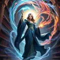 A beautiful female mage standing amidst a swirling vortex of colorful magical energies, her eyes glowing with an inner light, her robes flowing with the motion of the spell she's casting, set in a grand library filled with ancient tomes