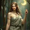 Artemis, the Greek goddess of the hunt, depicted in a serene forest setting, surrounded by silver-tipped arrows and a crescent moon glowing above her, her features sharp and focused, dressed in a chiton adorned with intricate hunting scenes, the air around her filled with a soft, ethereal light.