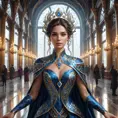 A magnificent female mage within a grand hall of mirrors, each reflecting her image surrounded by different magical effects, her outfit a masterpiece of intricate design and glowing runes