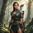 A beautiful female ranger standing amidst a dense, mystical forest, sunlight filtering through the leaves, highlighting her rugged yet elegant attire, her eyes sharp and focused, holding a traditional bow with a quiver of arrows slung over her shoulder, the background filled with ancient trees and a soft mist.