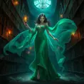 A mysterious female ghost, her beauty accentuated by the soft, warm glow of candlelight, dressed in a flowing, emerald green gown, standing in an old, abandoned library filled with towering bookshelves and fluttering pages.