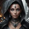 A mysterious dark elf lady, cloaked in shadows and adorned with obsidian jewelry, her eyes piercing and enigmatic, standing in a cavern bathed in the light of a thousand crystals.